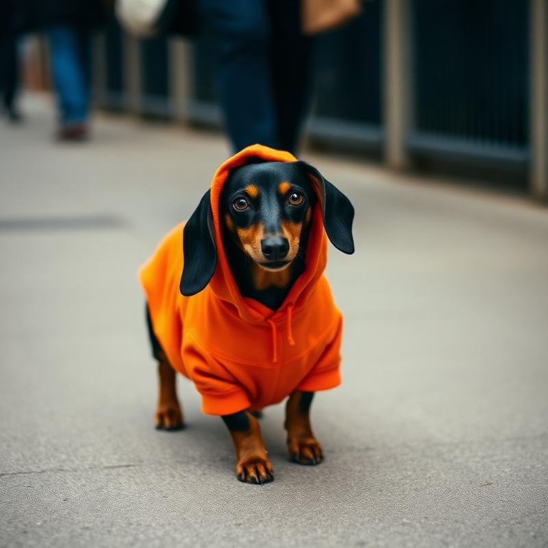 A dog wearing a TFT hoodie, street portrait 1