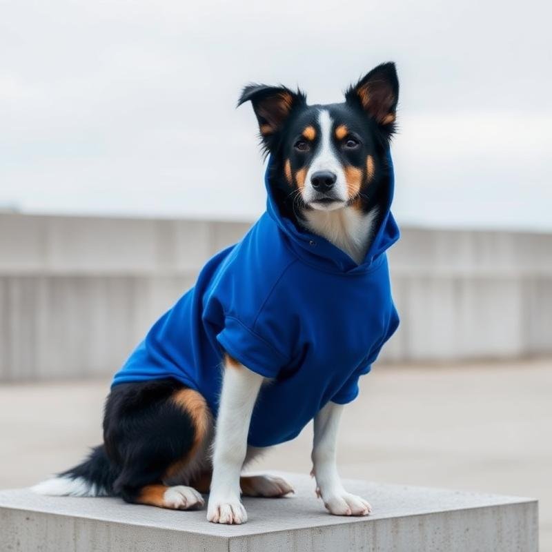 A dog wearing a TFT hoodie, street portrait 2